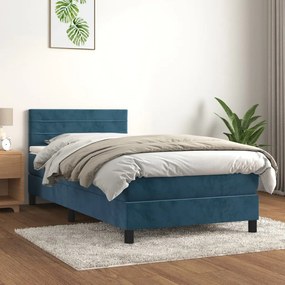 Κρεβάτι Boxspring με Στρώμα Σκούρο Μπλε 90x190 εκ. Βελούδινο - Μπλε