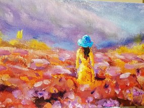 Εικόνα ενός κοριτσιού με ένα κίτρινο φόρεμα σε ένα χωράφι λεβάντας - 135x45