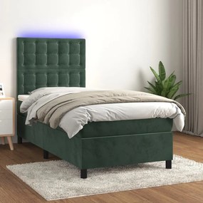Κρεβάτι Boxspring με Στρώμα &amp; LED Σκ. Πράσινο 100x200εκ Βελούδο - Πράσινο