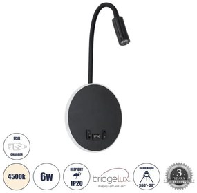 Απλίκα Ξεν/χείου Bed Side/Reading Light 6W 4500K Αλουμίνιο Globostar-60883-Μαύρο 60883