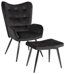 ARMCHAIR WITH FOOTSTOOL CRAWLEY  BLACK VLEVET-METAL LEGS 70x57x103Hcm.