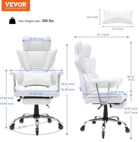 VEVOR Reclining Office Chair with Footrest, Heavy Duty PU Leather Wide Office Chair, Big and Tall Executive Office Chairs with Lumbar Support, Strong Metal Base Quiet Wheels, White