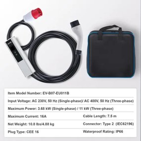 VEVOR Portable EV Charger Type 2 EV Charging Cable 16A CEE 16 7.5 M 230V/400V