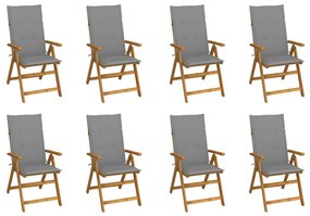 Καρέκλες Κήπου Πτυσσόμ. 8 τεμ. Μασίφ Ξύλο Ακακίας με Μαξιλάρια - Γκρι