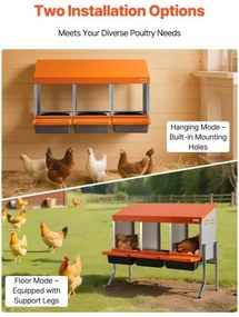 VEVOR Chicken Nesting Boxes, 3 Compartments, with Support Legs, Easy Egg Collection, Galvanized Steel and High-Strength Plastic, Roll Away Nesting Boxes for Chickens and Hens Laying Eggs, Orange