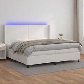 Κρεβάτι Boxspring με Στρώμα &amp; LED Λευκό 200x200 εκ. Συνθ. Δέρμα