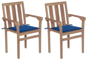 Καρέκλες Κήπου 2 τεμ. Μασίφ Ξύλο Teak με Μπλε Ρουά Μαξιλάρια - Μπλε
