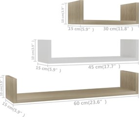 vidaXL Ράφια Τοίχου 3 τεμ. Λευκό/Sonoma Δρυς από Επεξεργασμένο Ξύλο