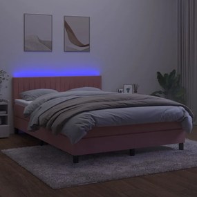 vidaXL Κρεβάτι Boxspring με Στρώμα &amp; LED Ροζ 140x190 εκ. Βελούδινο