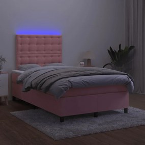 Κρεβάτι Boxspring με Στρώμα &amp; LED Ροζ 120x190 εκ. Βελούδινο - Ροζ