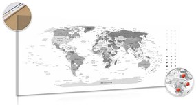 Εικόνα σε φελλό λεπτομερής παγκόσμιος χάρτης σε ασπρόμαυρο σχέδιο - 120x60