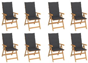 Καρέκλες Κήπου Ανακλινόμενες 8 τεμ. Μασίφ Ξύλο Teak &amp; Μαξιλάρια - Ανθρακί