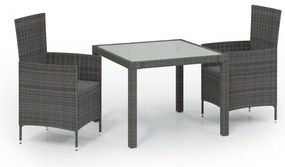 vidaXL Τραπεζαρία Εξωτ. Χώρου Σετ 3 τεμ. Γκρι Συνθ. Ρατάν με Μαξιλάρια