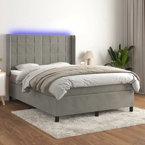 Κρεβάτι Boxspring με Στρώμα&amp;LED Αν. Γκρι 140x190 εκ. Βελούδινο - Γκρι