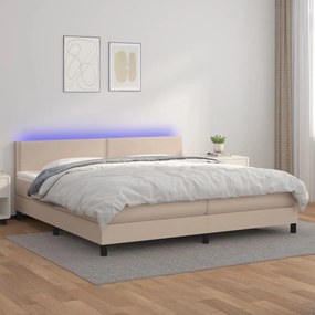 Κρεβάτι Boxspring Στρώμα&amp;LED Καπουτσίνο 200x200 εκ. Συνθ. Δέρμα - Καφέ