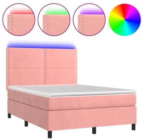 vidaXL Κρεβάτι Boxspring με Στρώμα & LED Ροζ 140x190 εκ. Βελούδινο