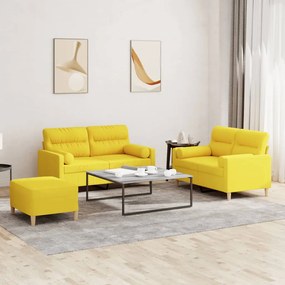 vidaXL Σετ Σαλονιού 3 Τεμαχίων Αν. Κίτρινο Υφασμάτινο με Μαξιλάρια
