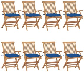 vidaXL Καρέκλες Κήπου 8 τεμ. από Μασίφ Ξύλο Teak με Μπλε Μαξιλάρια
