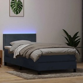 vidaXL Κρεβάτι Boxspring με Στρώμα &amp; LED Σκούρο Γκρι 90x220 εκ. Βελούδινο