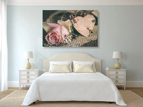 Εικόνα τριαντάφυλλο και καρδιά σε γιούτα - 90x60