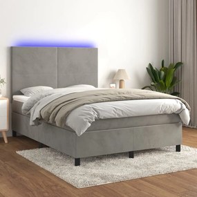 Κρεβάτι Boxspring με Στρώμα&amp;LED Αν. Γκρι 140x190 εκ. Βελούδινο - Γκρι