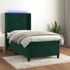 vidaXL Κρεβάτι Boxspring με Στρώμα &amp; LED Σκ. Πράσινο 80x200 εκ Βελούδο