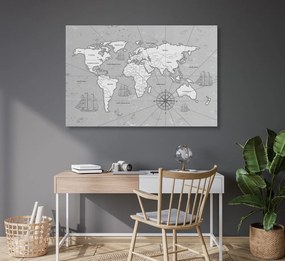 Εικόνα στο φελλό ενός ενδιαφέροντος ασπρόμαυρου χάρτη του κόσμου - 90x60  peg