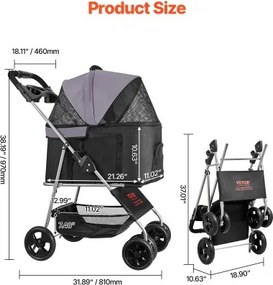VEVOR Pet Stroller Foldable 4 Wheels Dog Stroller Detachable Carrier up to 35lbs