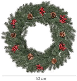 HOMCOM Στεφάνι πεύκου Στεφάνι πόρτας Χριστουγεννιάτικο στεφάνι Πίσω με θηλιά ανάρτησης PE Πράσινο Ø60 x 8 cm