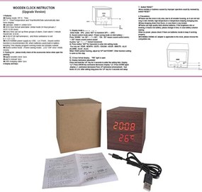 Ξύλινο Επιτραπέζιο Ψηφιακό Ρολόι, Ξυπνητήρι, Θερμόμετρο με οθόνη LED - Καφέ