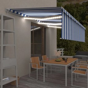 vidaXL Τέντα Συρόμενη Χειροκίνητη με Σκίαστρο &amp; LED Μπλε/Λευκό 6x3 μ.