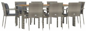 vidaXL Σετ Τραπεζαρίας Κήπου 9 τεμ. Γκρι Συνθ. Ρατάν με Μαξιλάρια
