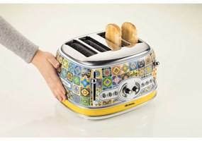 Τοστιέρα ψωμιού Ariete Positano 0156/0P, 1600W, 4 φέτες, 3 λειτουργίες, 6 στάδια, Κινητός δίσκος για ψίχουλα, Λευκό/κίτρινο