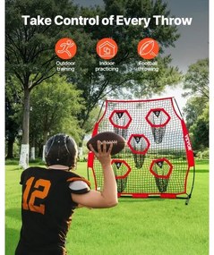 VEVOR 1828.8x1828.8mm Football Trainer Throwing Net, Training Throwing Target Practice Net with 5 Target Pockets, Knotless Net Includes Straps and Portable Carry Case, Improve QB Throwing Accuracy,Red