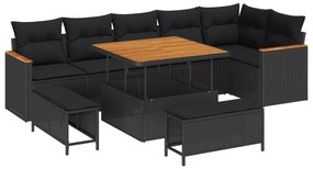 vidaXL Σετ καναπέ κήπου 9 τεμαχίων με μαξιλάρια μαύρο πολυ ράταν ακακίας