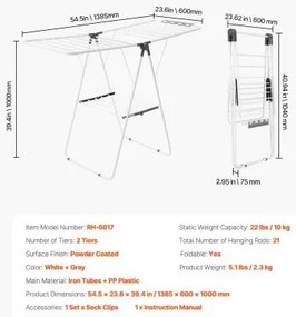 VEVOR 2-Tier Foldable Clothes Drying Rack with Sock Clips &amp; 21 Drying Rods White