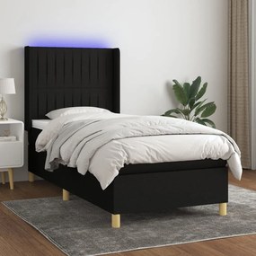 Κρεβάτι Boxspring με Στρώμα &amp; LED Μαύρο 90x200 εκ. Υφασμάτινο - Μαύρο