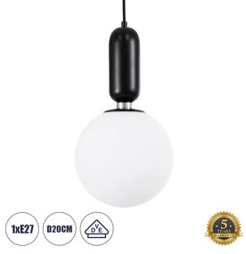 GloboStar® ESTETICO 61495 Μοντέρνο Κρεμαστό Φωτιστικό Οροφής Μονόφωτο 1 x E27 Γαλακτερή Γυάλινη Μπάλα με Μεταλλικό Μαύρο Ματ Σώμα Φ20 x Υ38cm