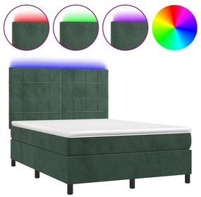 vidaXL Κρεβάτι Boxspring με Στρώμα & LED Σκ. Πράσινο 140x200εκ Βελούδο