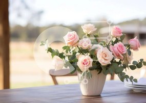 Intra Συλλεκτικό Ξύλινο Παζλ Plywood 4mm - Εξωτερική τραπεζαρία με ροζ τριαντάφυλλα σε λευκό βάζο Σε Ξύλινο Κουτί - Διαστάσεις: 10x10 cm – 25 κομμάτια