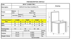 Καρέκλα MARLIN Μεταλική Black Gold/Μαύρο PU 52x46x91cm (Σετ 4 ΤΕΜ)