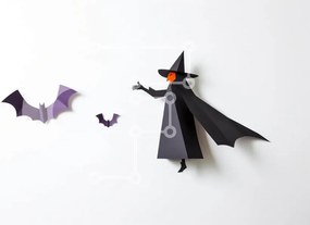 Intra Συλλεκτικό Ξύλινο Παζλ Plywood  4mm - Μάγισσα Origami με νυχτερίδες σε άσπρο φόντο Σε Ξύλινο Κουτί - Διαστάσεις Puzzle: 10x10 cm – 25 κομμάτια