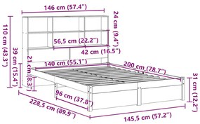 Κρεβάτι Βιβλιοθήκη Χωρίς Στρώμα 140x200 εκ Μασίφ Ξύλο Πεύκο - Λευκό