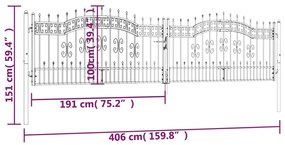 Πόρτα Φράχτη με Ακίδες Μαύρη 406x151 εκ. Ατσάλι με Ηλεκτρ. Βαφή - Μαύρο