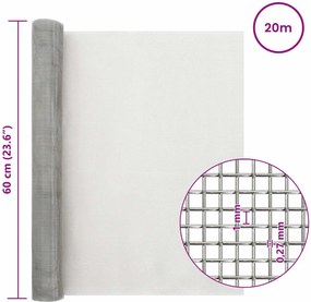vidaXL Πλέγμα Οθόνης 20 mesh 60 x 2000 cm Ανοξείδωτο Ατσάλι 201 Ασημί