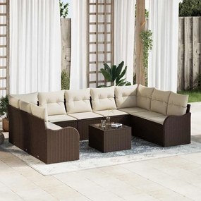 vidaXL Σετ Καναπέ Κήπου με μαξιλάρι 10 pcs Καφέ και λευκό Πολυ ράταν