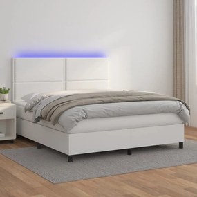 Κρεβάτι Boxspring με Στρώμα &amp; LED Λευκό 180x200 εκ. Συνθ. Δέρμα