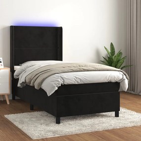 vidaXL Κρεβάτι Boxspring με Στρώμα &amp; LED Μαύρο 90x190 εκ. Βελούδινο