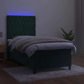vidaXL Κρεβάτι Boxspring με Στρώμα &amp; LED Σκ. Πράσινο 100x200εκ Βελούδο