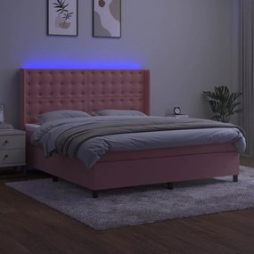 vidaXL Κρεβάτι Boxspring με Στρώμα & LED Ροζ 180x200 εκ. Βελούδινο